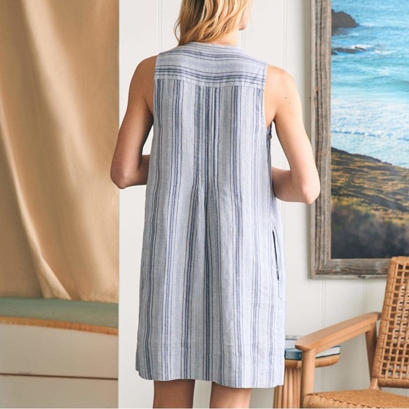 Faherty Isha 100% Linen Dress Women’s Sz M Blue Striped Sleeveless Beach Summer - Picture 3 of 11
